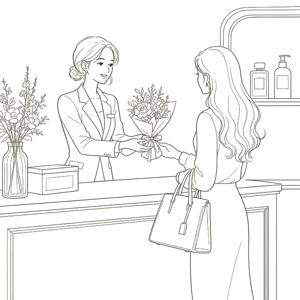 Saleswoman handing flowers to a customer at a counter illustration